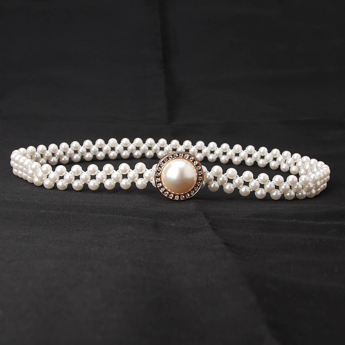 PEARL WOVEN ELASTIC BELT RHINESTONE ALLOY BUCKLES