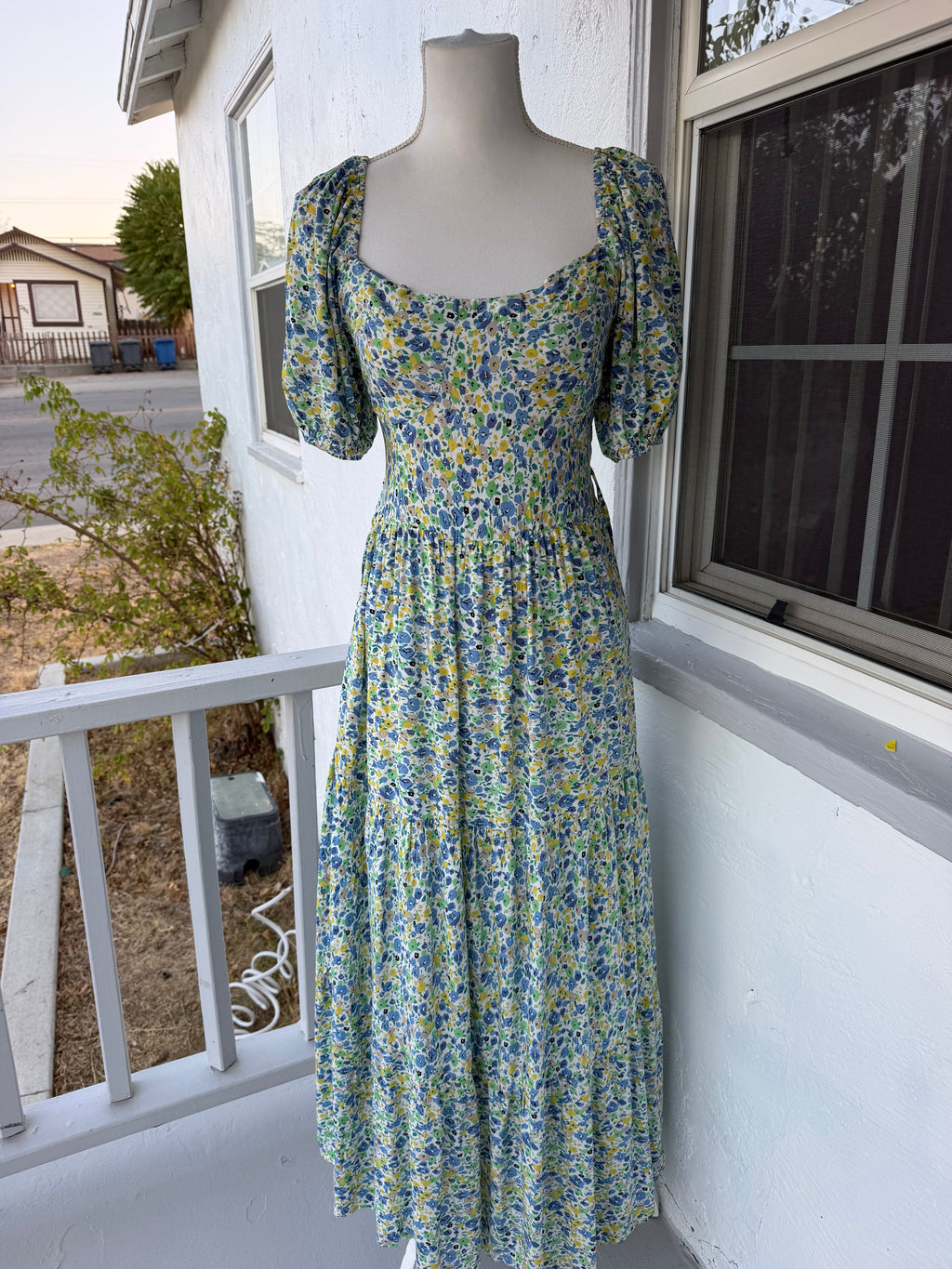 Blue and Green Floral Maxi Dress – Smocked Back, Puff Sleeves, Lined | Lindasboutique