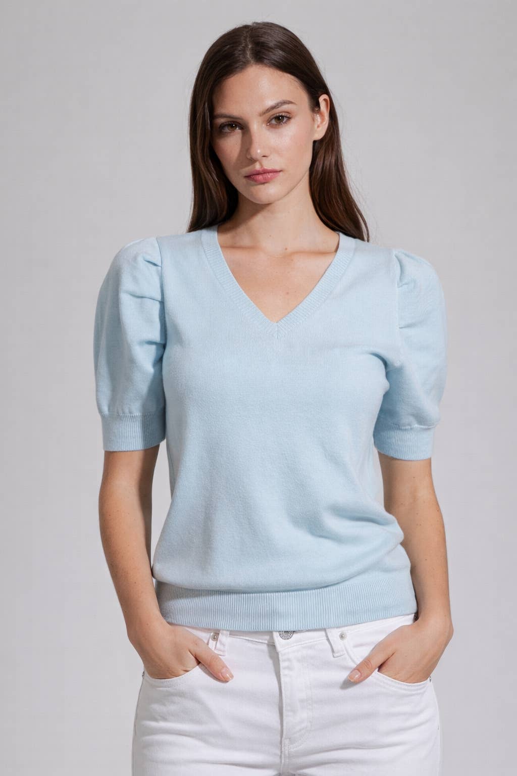 V Neck Blue and Coral Knit Sweater Top