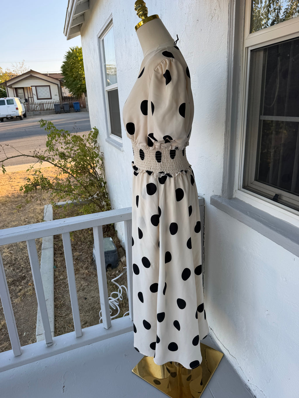 Cream Polka Dot Midi Dress with Pockets – Smocked Waist, Fully Lined | Lindasboutique