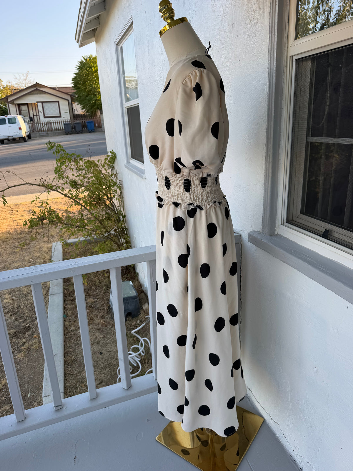 Cream Polka Dot Midi Dress with Pockets – Smocked Waist, Fully Lined | Lindasboutique