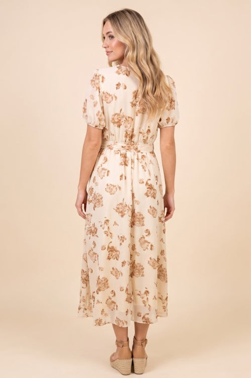 Beige Floral Midi Dress with Pockets – V-Neck, Tie Waist, Fully Lined | Lindasboutique