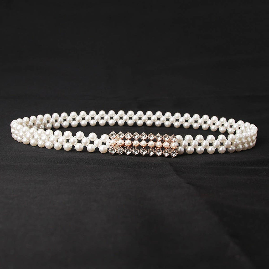 PEARL WOVEN ELASTIC BELT RHINESTONE ALLOY BUCKLES