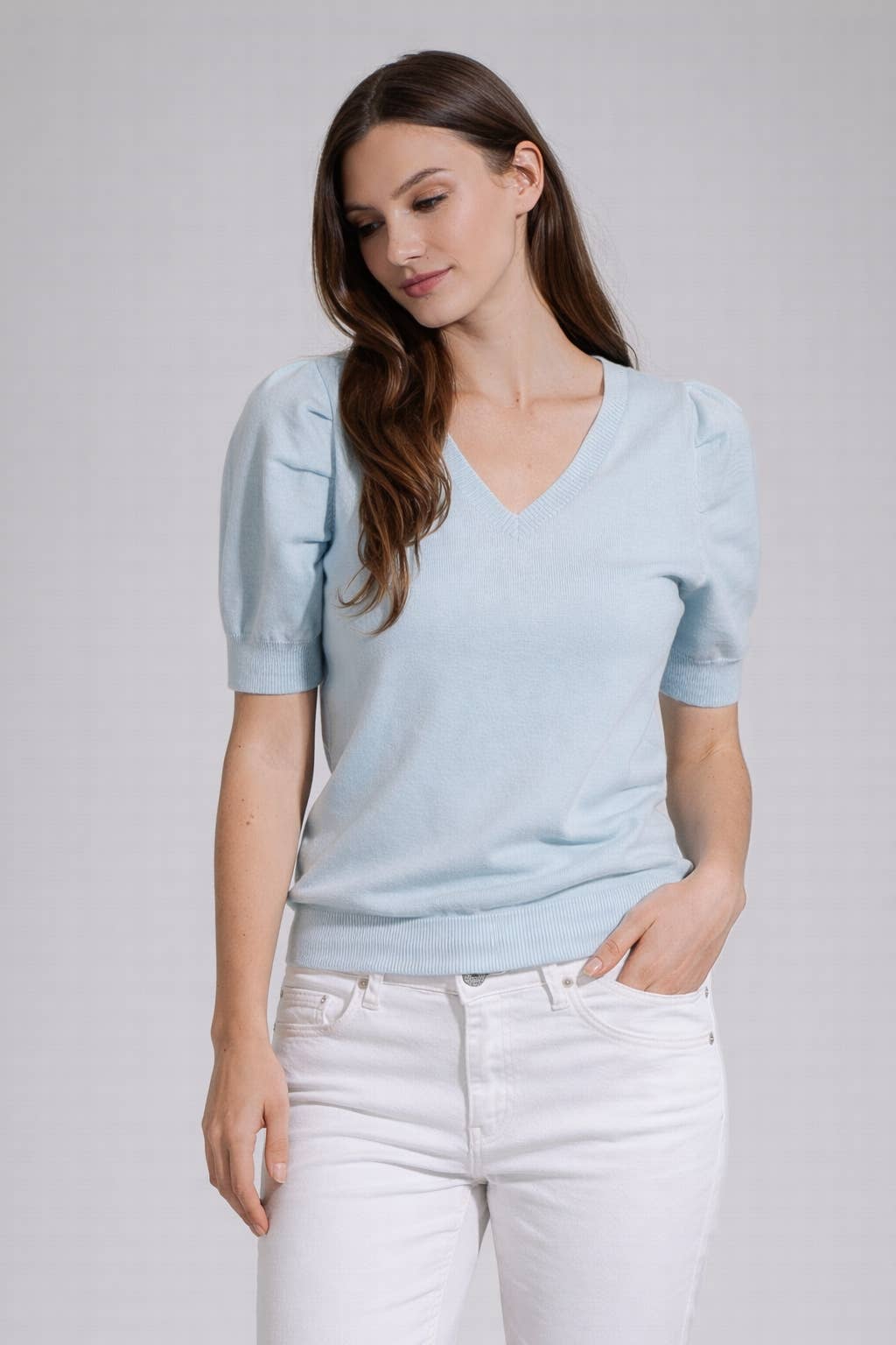 V Neck Blue and Coral Knit Sweater Top