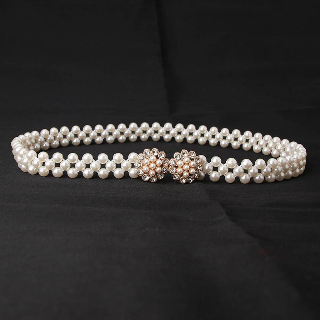 PEARL WOVEN ELASTIC BELT RHINESTONE ALLOY BUCKLES