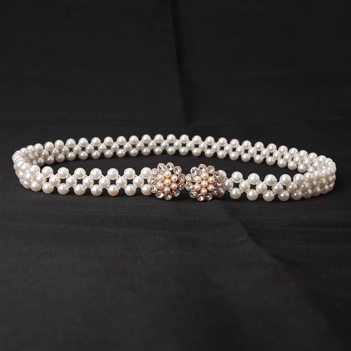 PEARL WOVEN ELASTIC BELT RHINESTONE ALLOY BUCKLES