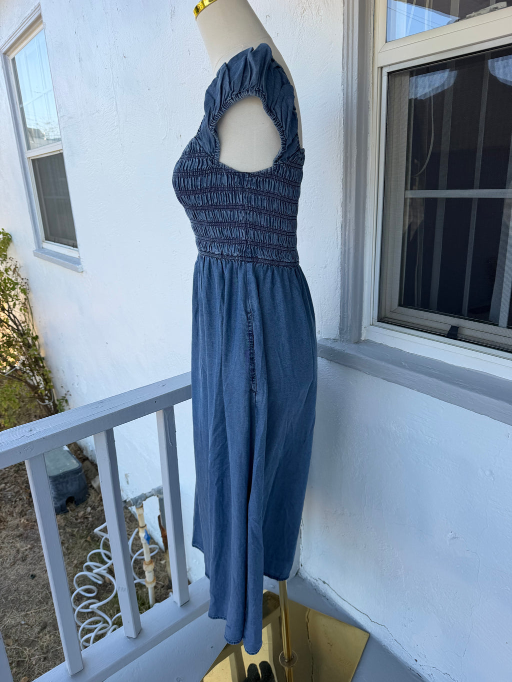 Denim Midi Dress with Pockets – Smocked Stretch Bodice, Square Neck | Lindasboutique