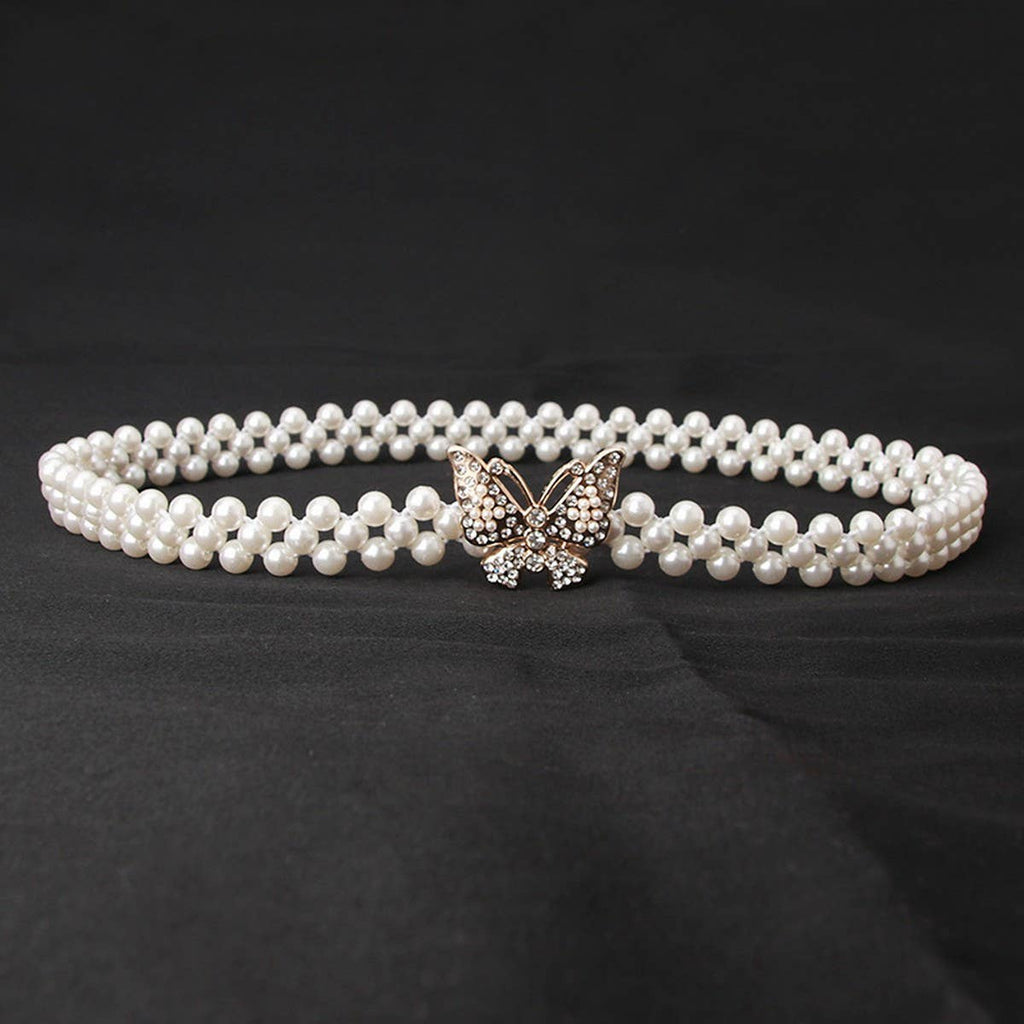 PEARL WOVEN ELASTIC BELT RHINESTONE ALLOY BUCKLES