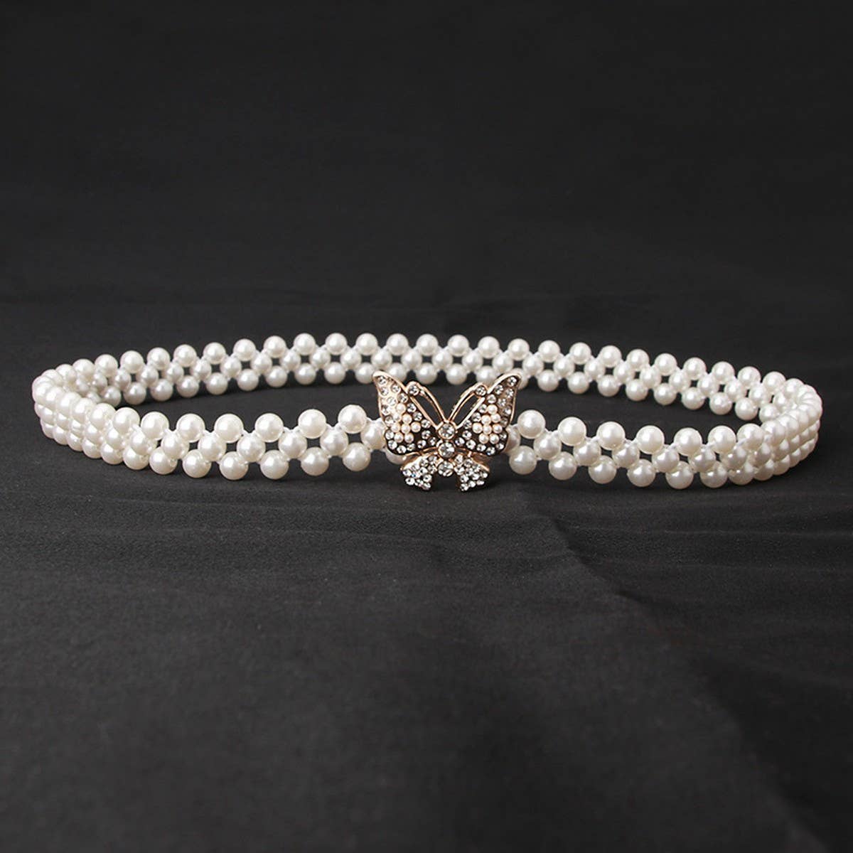 PEARL WOVEN ELASTIC BELT RHINESTONE ALLOY BUCKLES