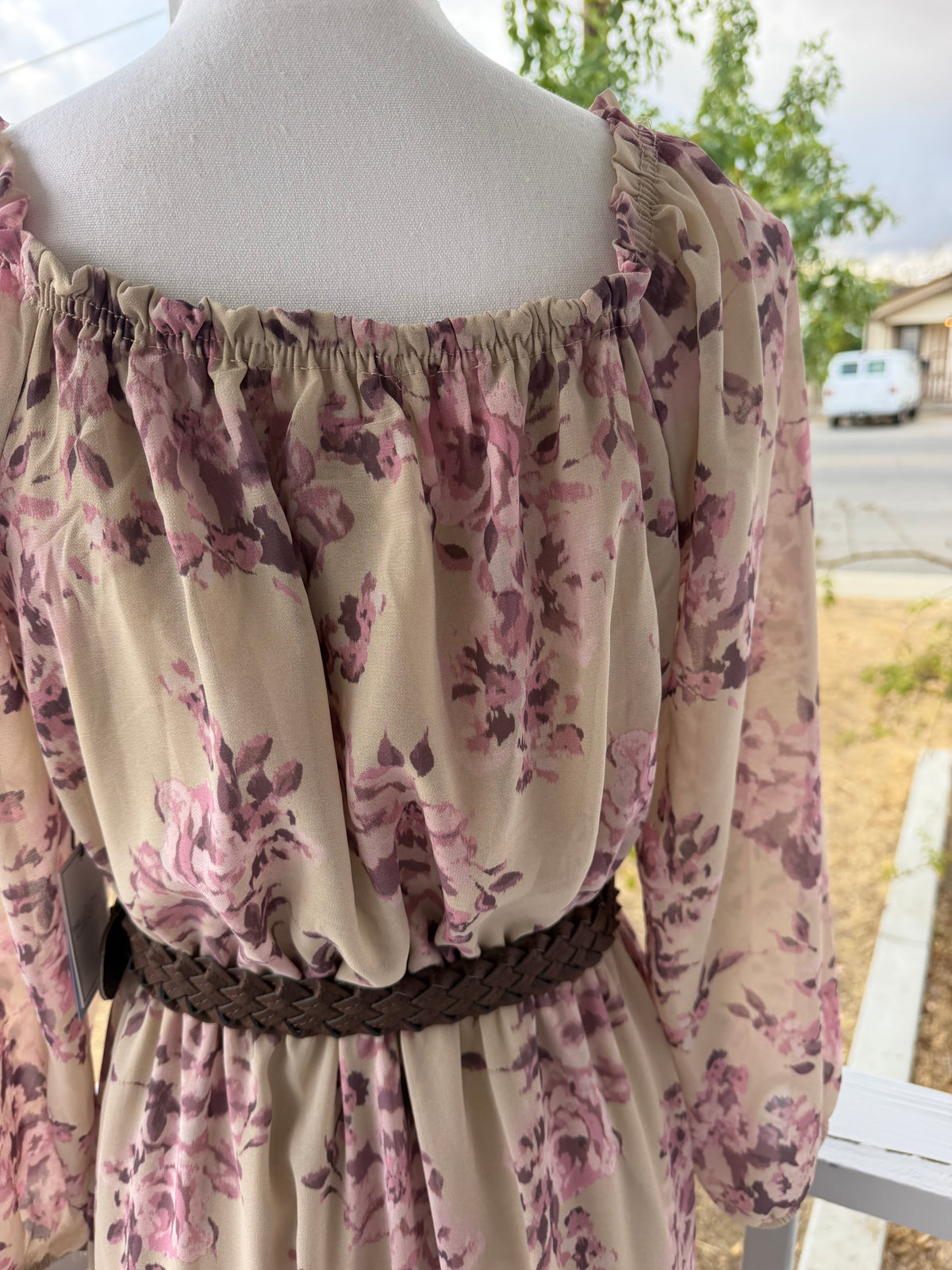 Mauve Floral Midi Dress – Elastic Waist, Belt Included, Fully Lined | Lindasboutique