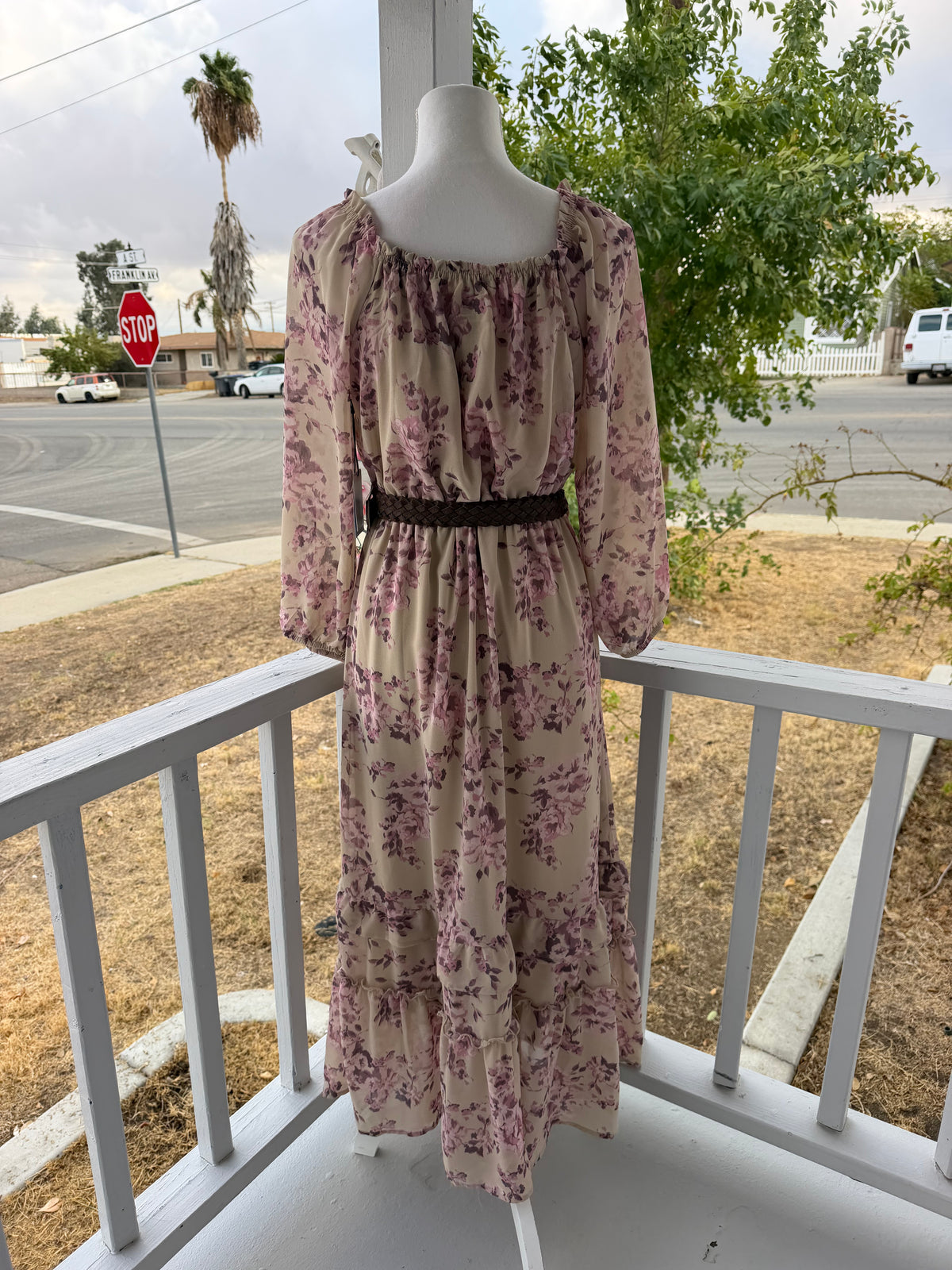Mauve Floral Midi Dress – Elastic Waist, Belt Included, Fully Lined | Lindasboutique