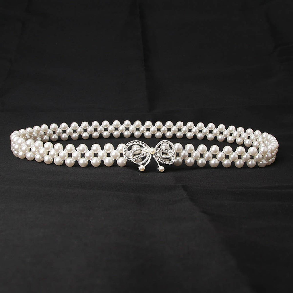 PEARL WOVEN ELASTIC BELT RHINESTONE ALLOY BUCKLES