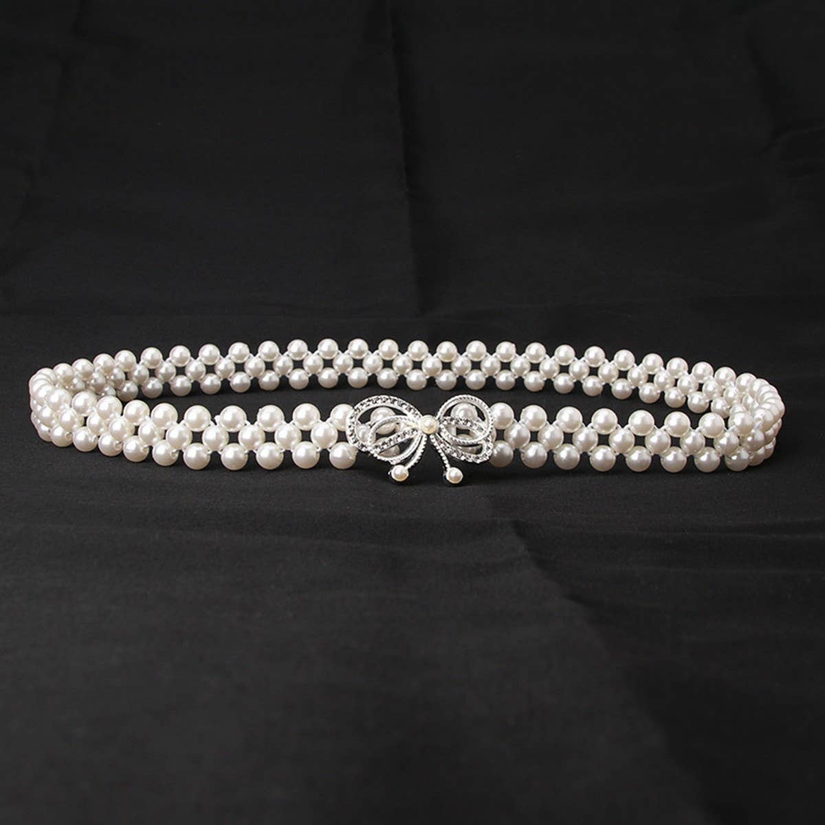 PEARL WOVEN ELASTIC BELT RHINESTONE ALLOY BUCKLES