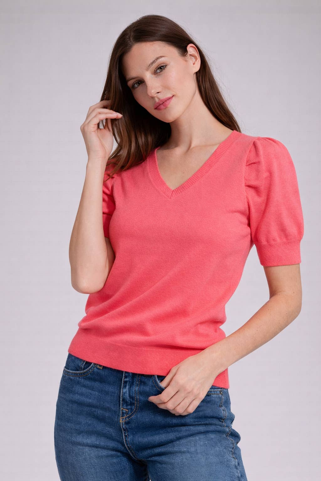 V Neck Blue and Coral Knit Sweater Top