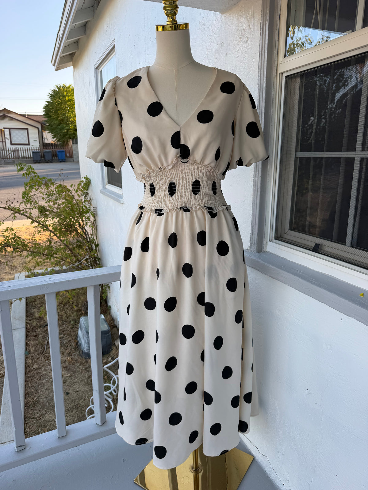 Cream Polka Dot Midi Dress with Pockets – Smocked Waist, Fully Lined | Lindasboutique