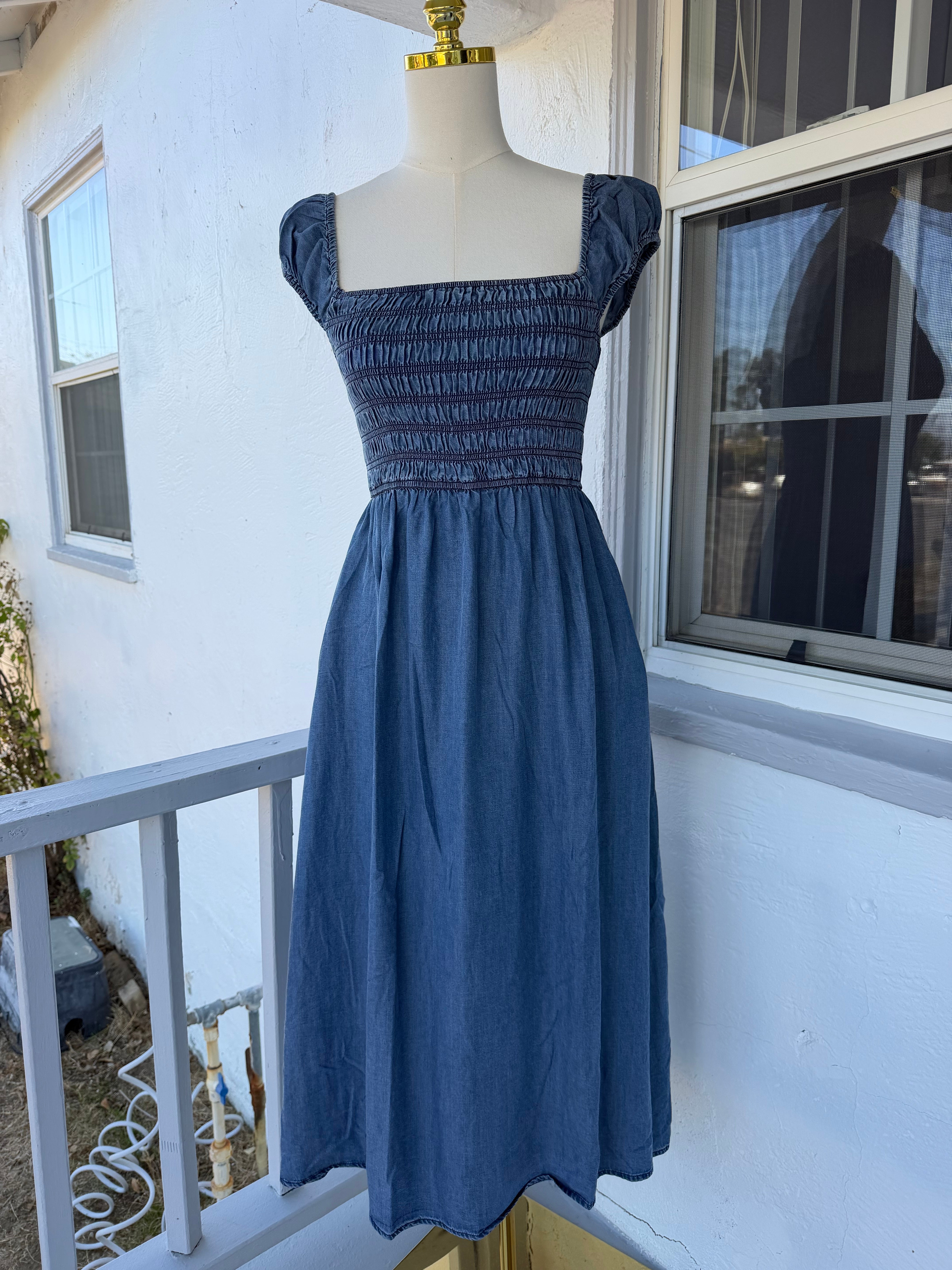 Denim Midi Dress with Pockets – Smocked Stretch Bodice, Square Neck | Lindasboutique
