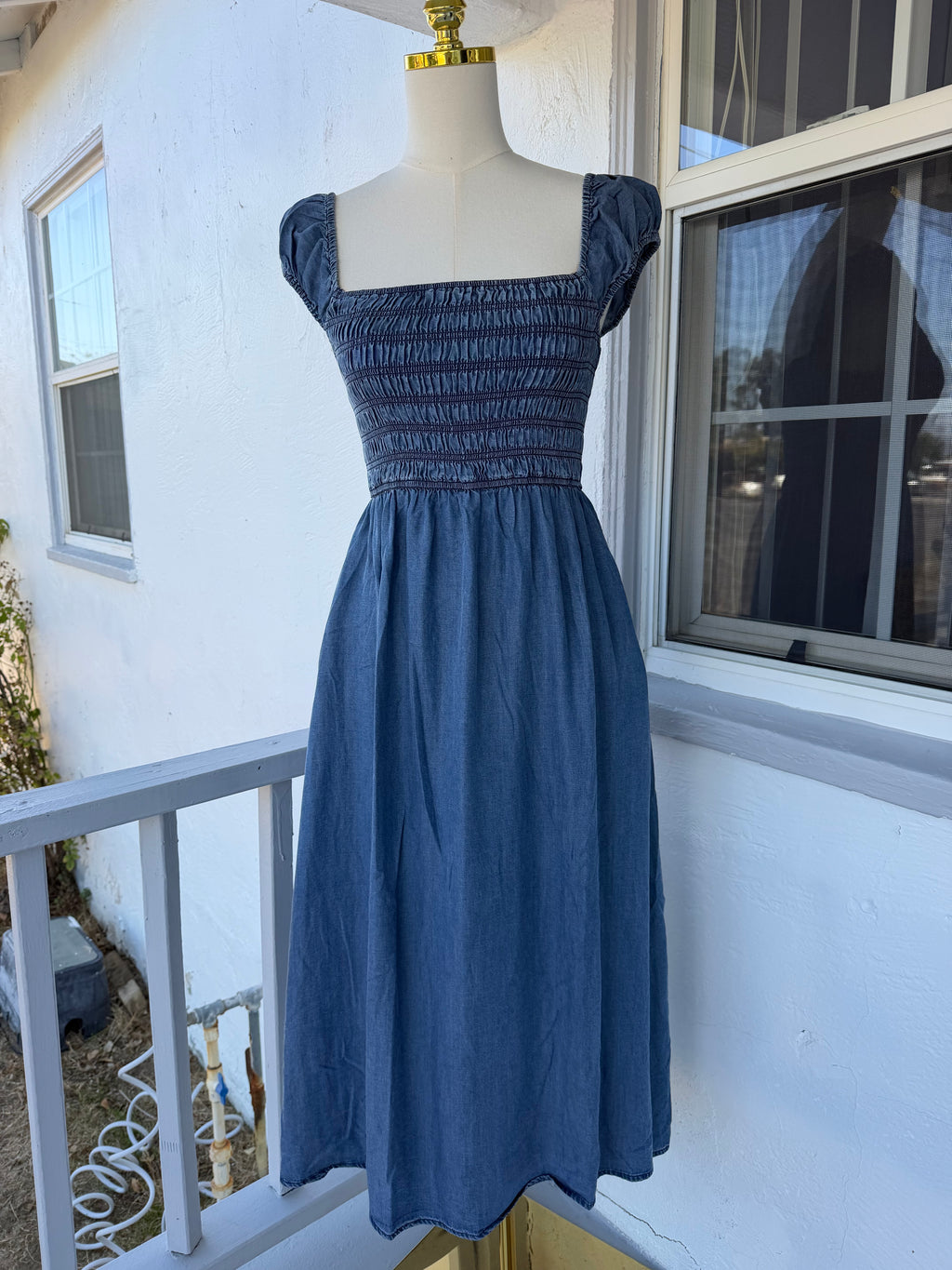 Denim Midi Dress with Pockets – Smocked Stretch Bodice, Square Neck | Lindasboutique