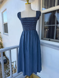 Denim Midi Dress with Pockets – Smocked Stretch Bodice, Square Neck | Lindasboutique