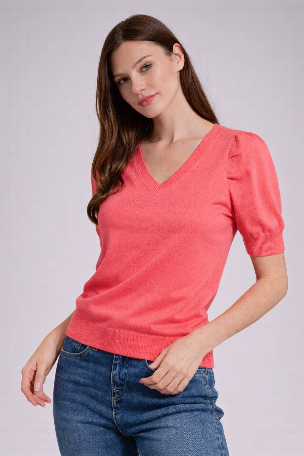 V Neck Blue and Coral Knit Sweater Top