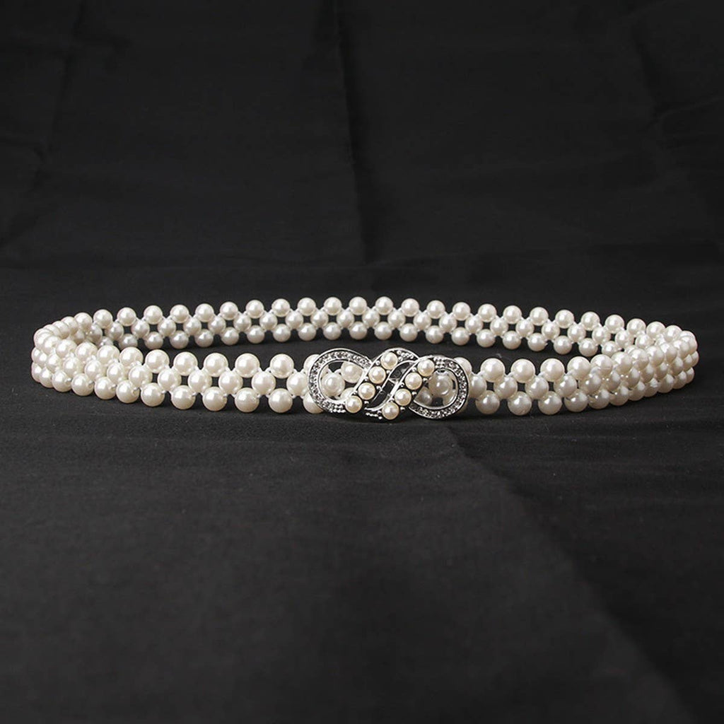 PEARL WOVEN ELASTIC BELT RHINESTONE ALLOY BUCKLES