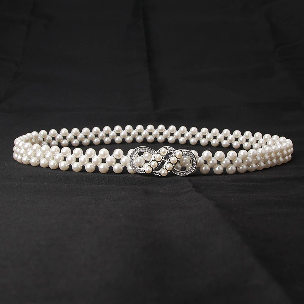 PEARL WOVEN ELASTIC BELT RHINESTONE ALLOY BUCKLES