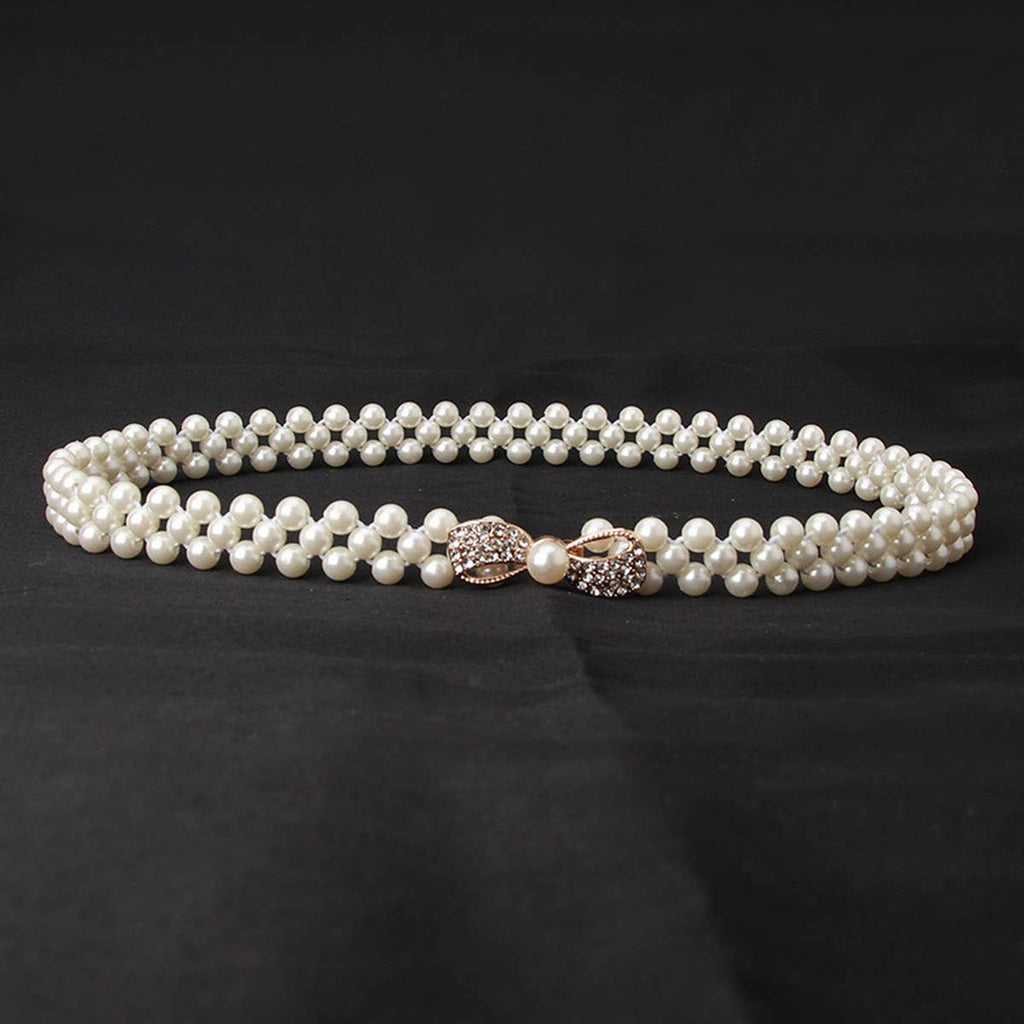 PEARL WOVEN ELASTIC BELT RHINESTONE ALLOY BUCKLES