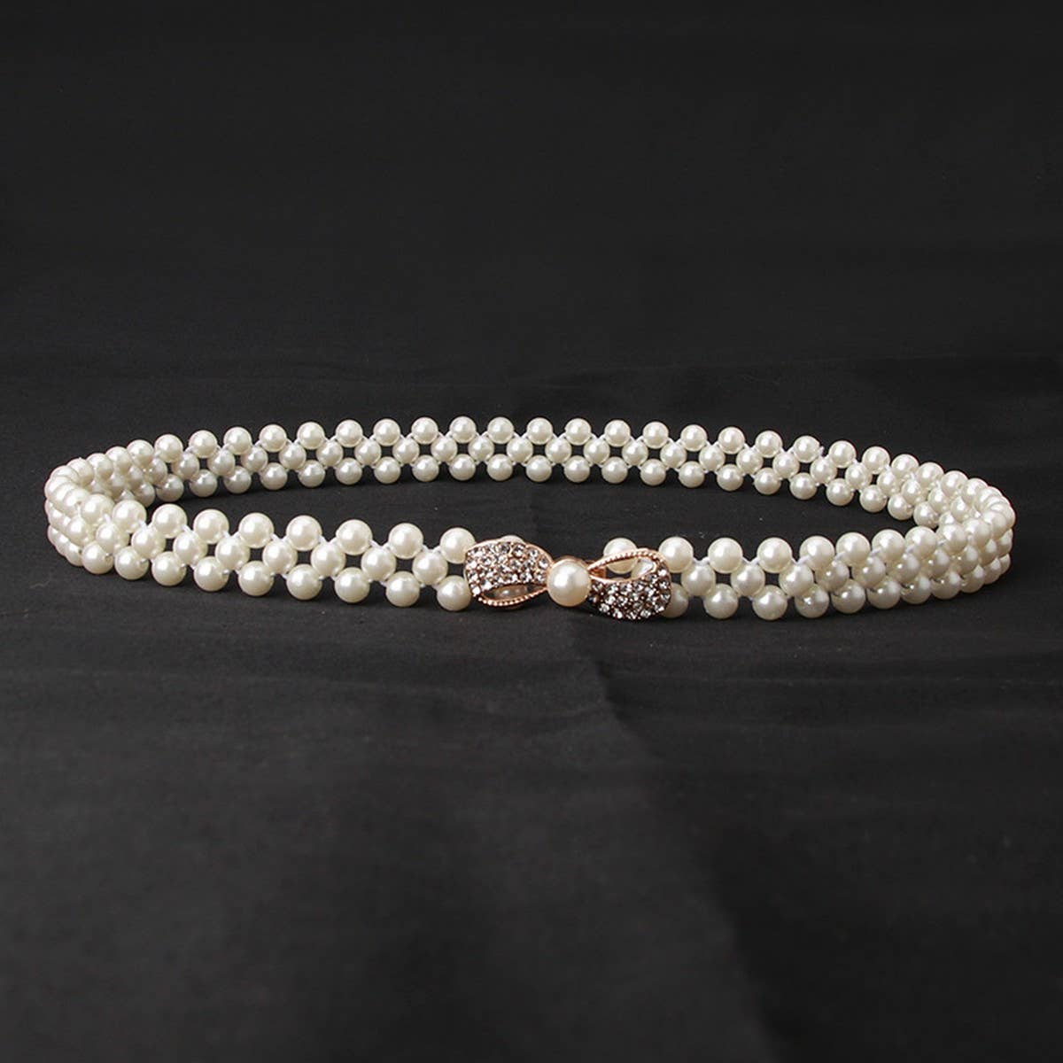 PEARL WOVEN ELASTIC BELT RHINESTONE ALLOY BUCKLES