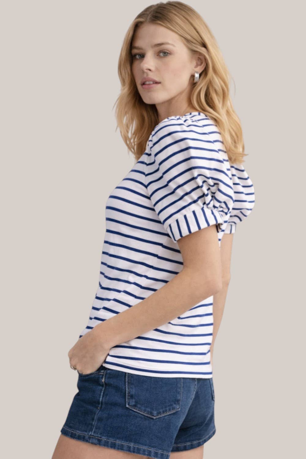 Navy Stripe Puff Sleeve Cotton Knit Blouse