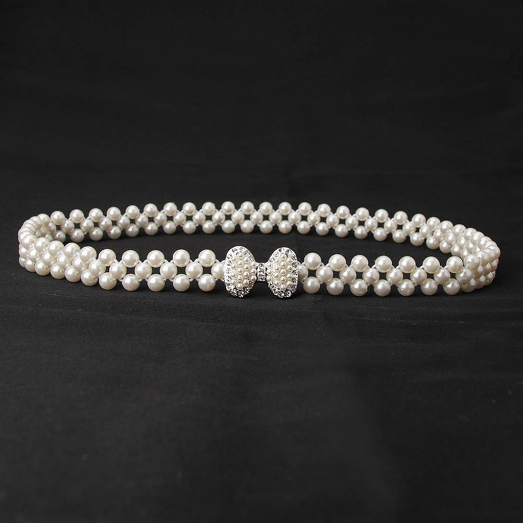 PEARL WOVEN ELASTIC BELT RHINESTONE ALLOY BUCKLES