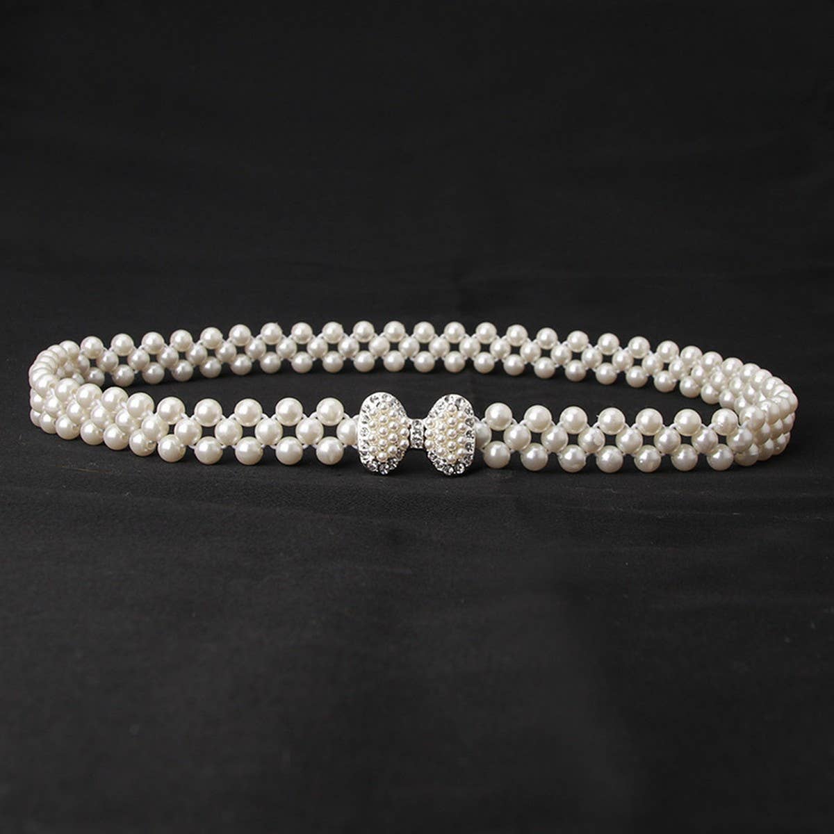 PEARL WOVEN ELASTIC BELT RHINESTONE ALLOY BUCKLES