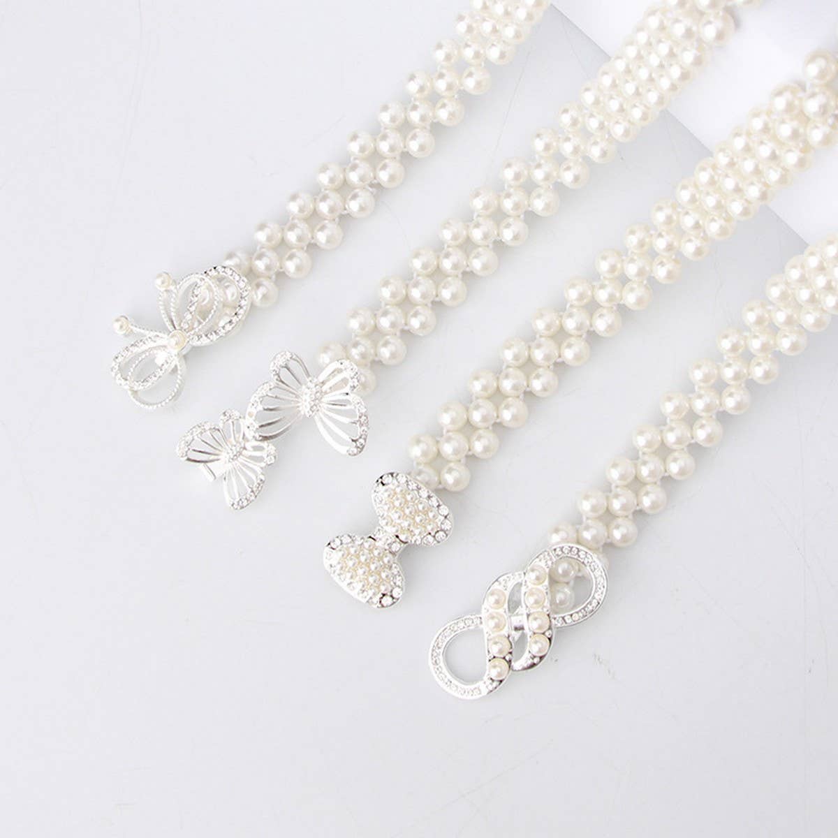 PEARL WOVEN ELASTIC BELT RHINESTONE ALLOY BUCKLES