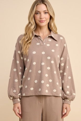 Polka dot knit Long Sleeve Collared Shirt