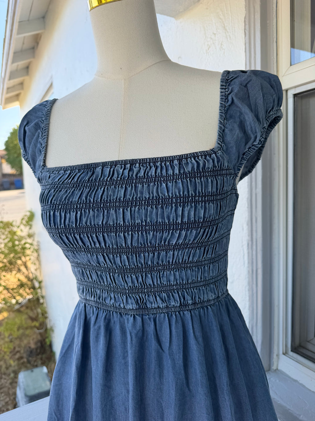 Denim Midi Dress with Pockets – Smocked Stretch Bodice, Square Neck | Lindasboutique