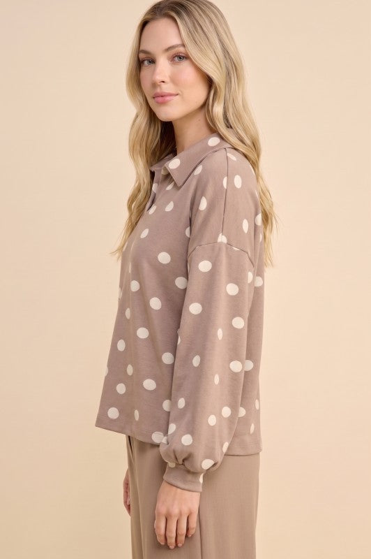 Polka dot knit Long Sleeve Collared Shirt