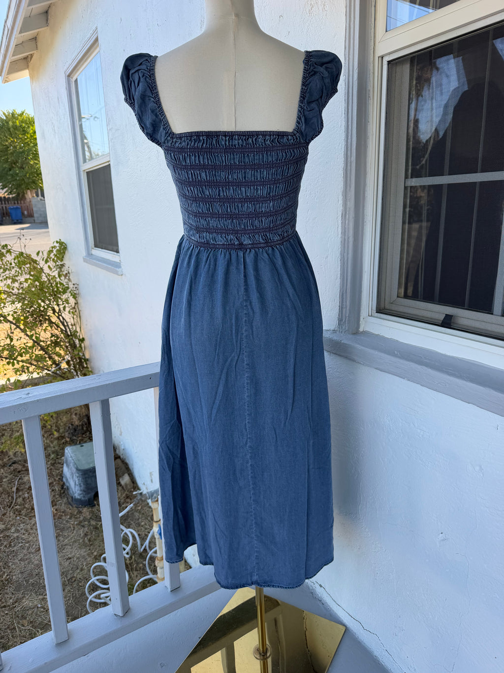 Denim Midi Dress with Pockets – Smocked Stretch Bodice, Square Neck | Lindasboutique