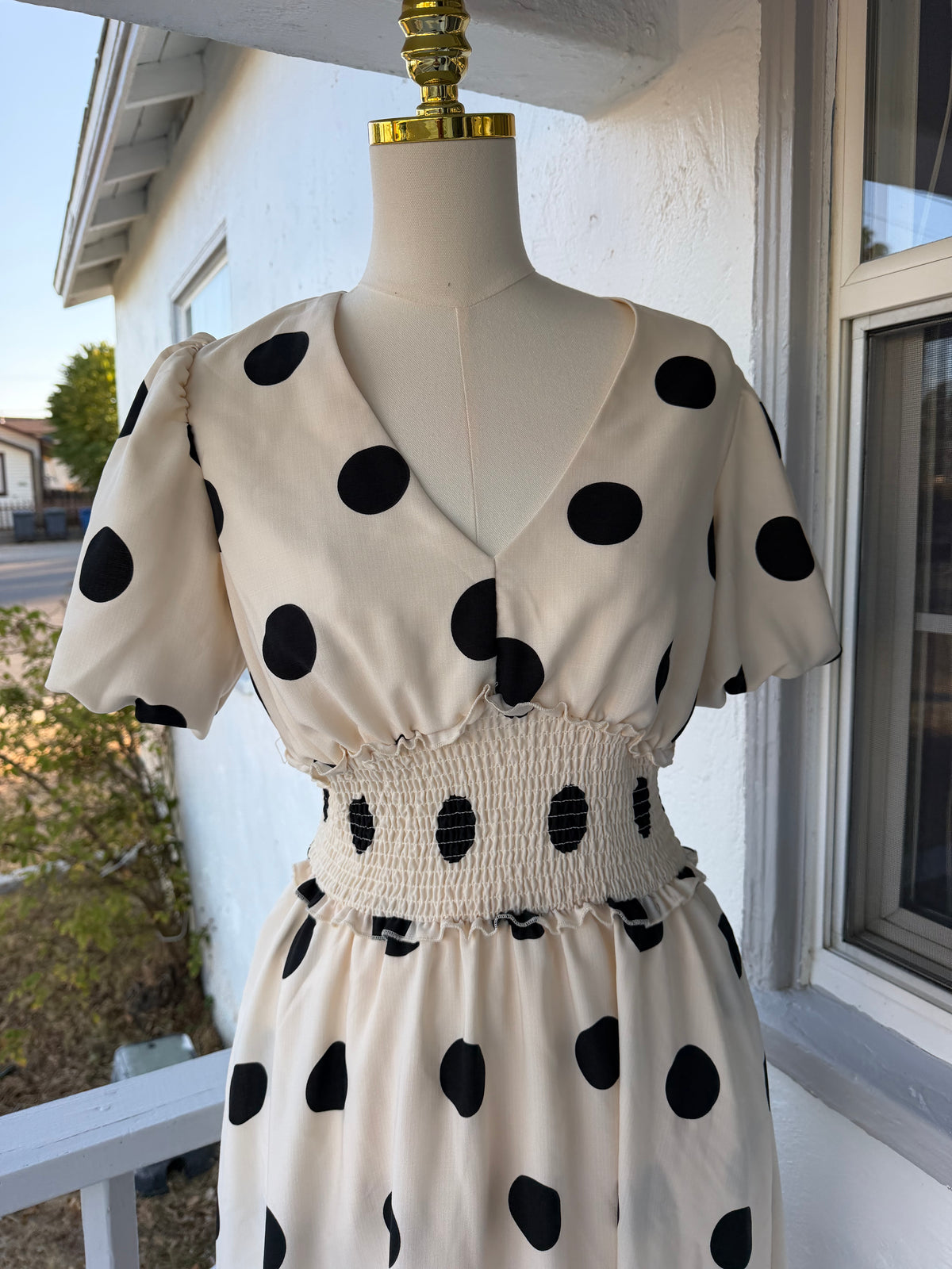 Cream Polka Dot Midi Dress with Pockets – Smocked Waist, Fully Lined | Lindasboutique