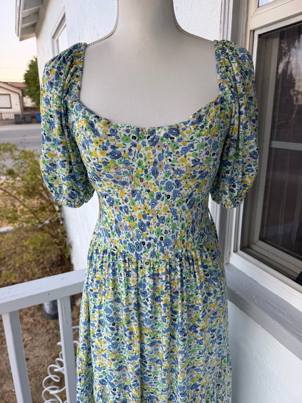 Blue and Green Floral Maxi Dress – Smocked Back, Puff Sleeves, Lined | Lindasboutique