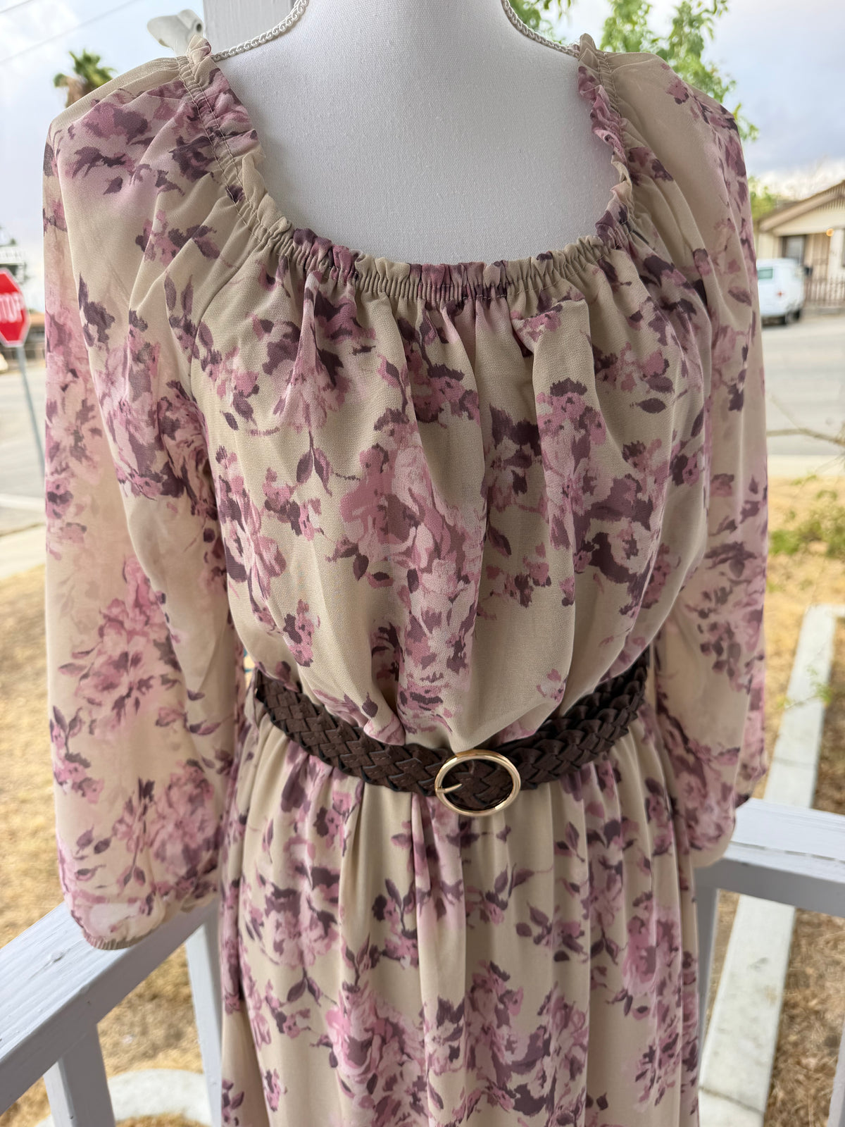 Mauve Floral Midi Dress – Elastic Waist, Belt Included, Fully Lined | Lindasboutique