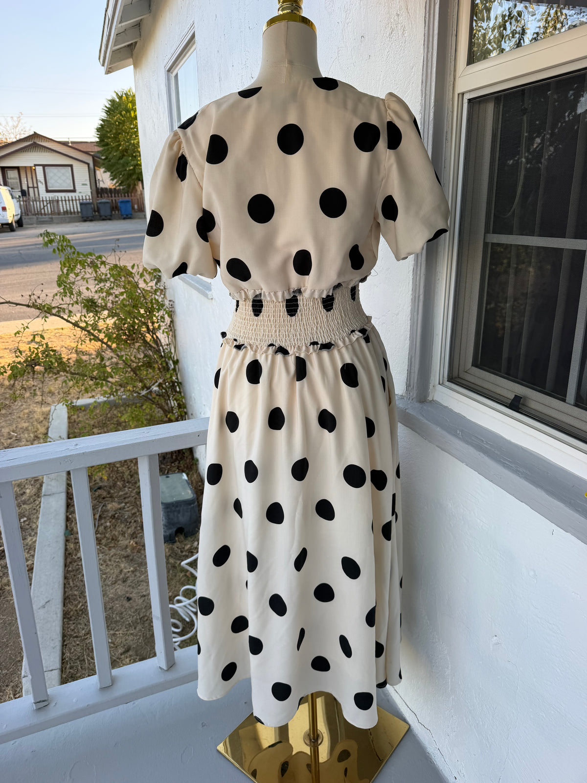 Cream Polka Dot Midi Dress with Pockets – Smocked Waist, Fully Lined | Lindasboutique