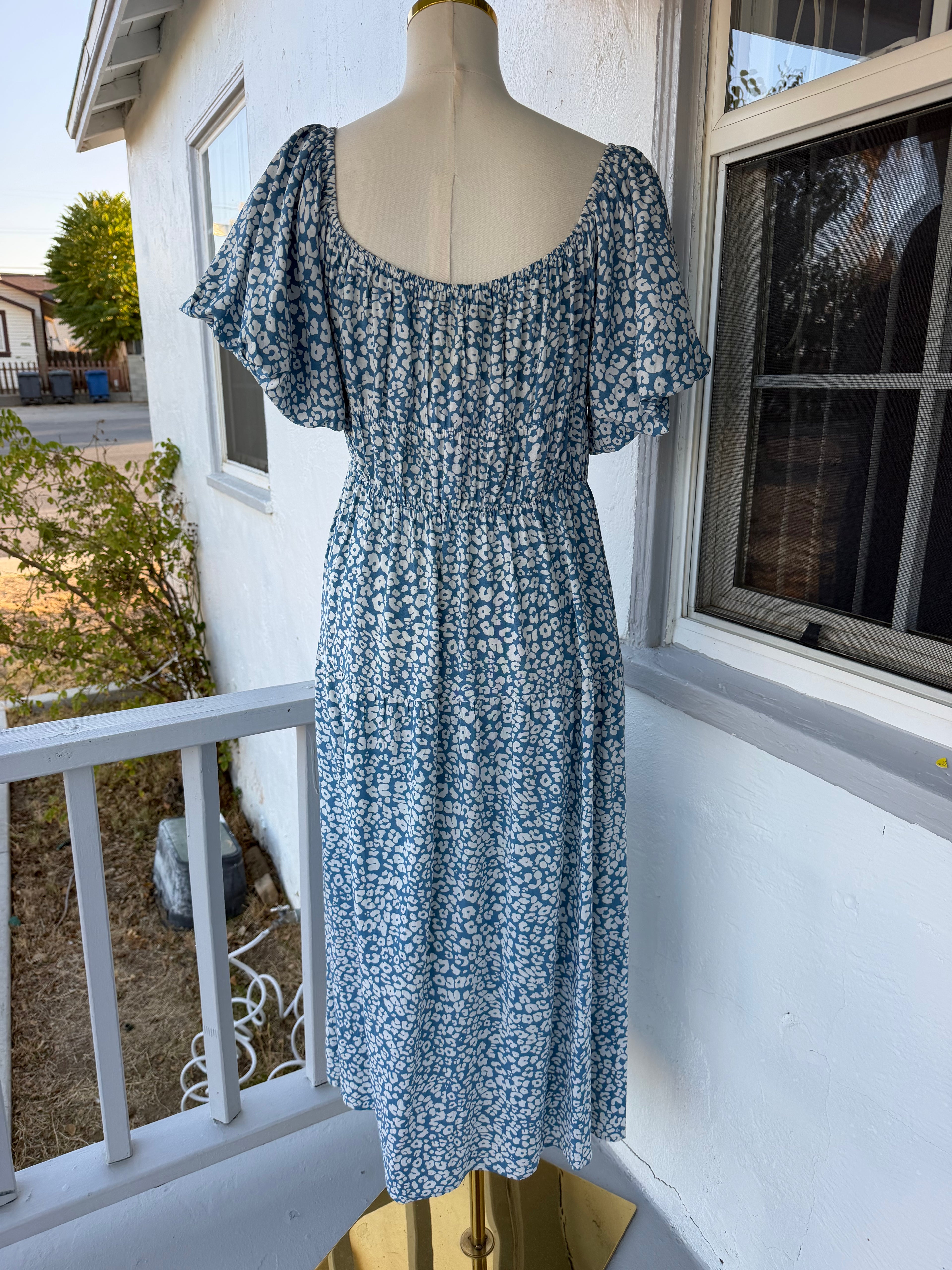Blue and White Print Midi Dress – Smocked Waist, Puff Sleeves | Lindasboutique