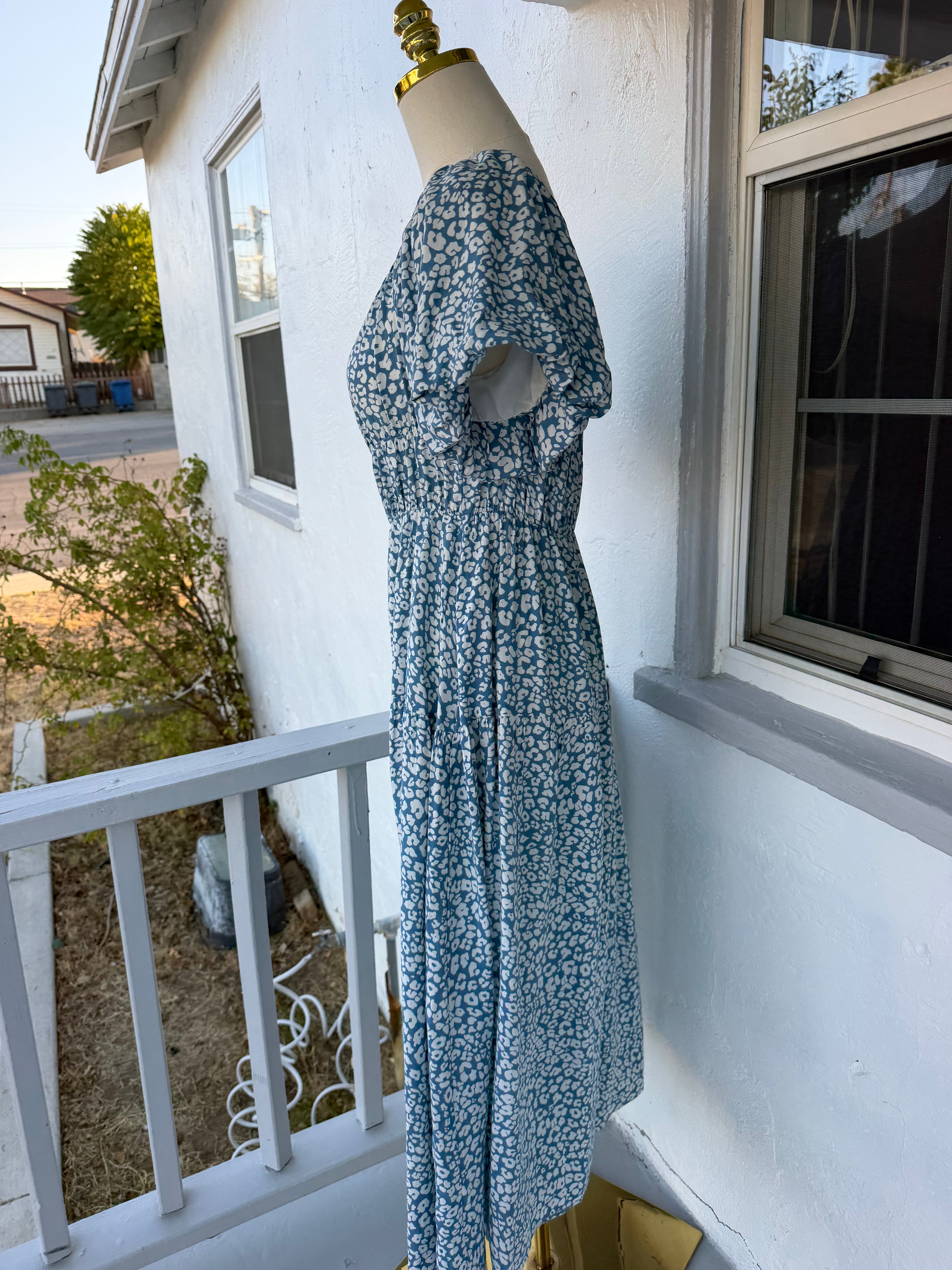 Blue and White Print Midi Dress – Smocked Waist, Puff Sleeves | Lindasboutique