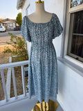 Blue and White Print Midi Dress – Smocked Waist, Puff Sleeves | Lindasboutique