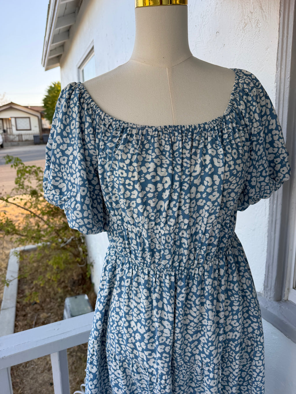 Blue and White Print Midi Dress – Smocked Waist, Puff Sleeves | Lindasboutique