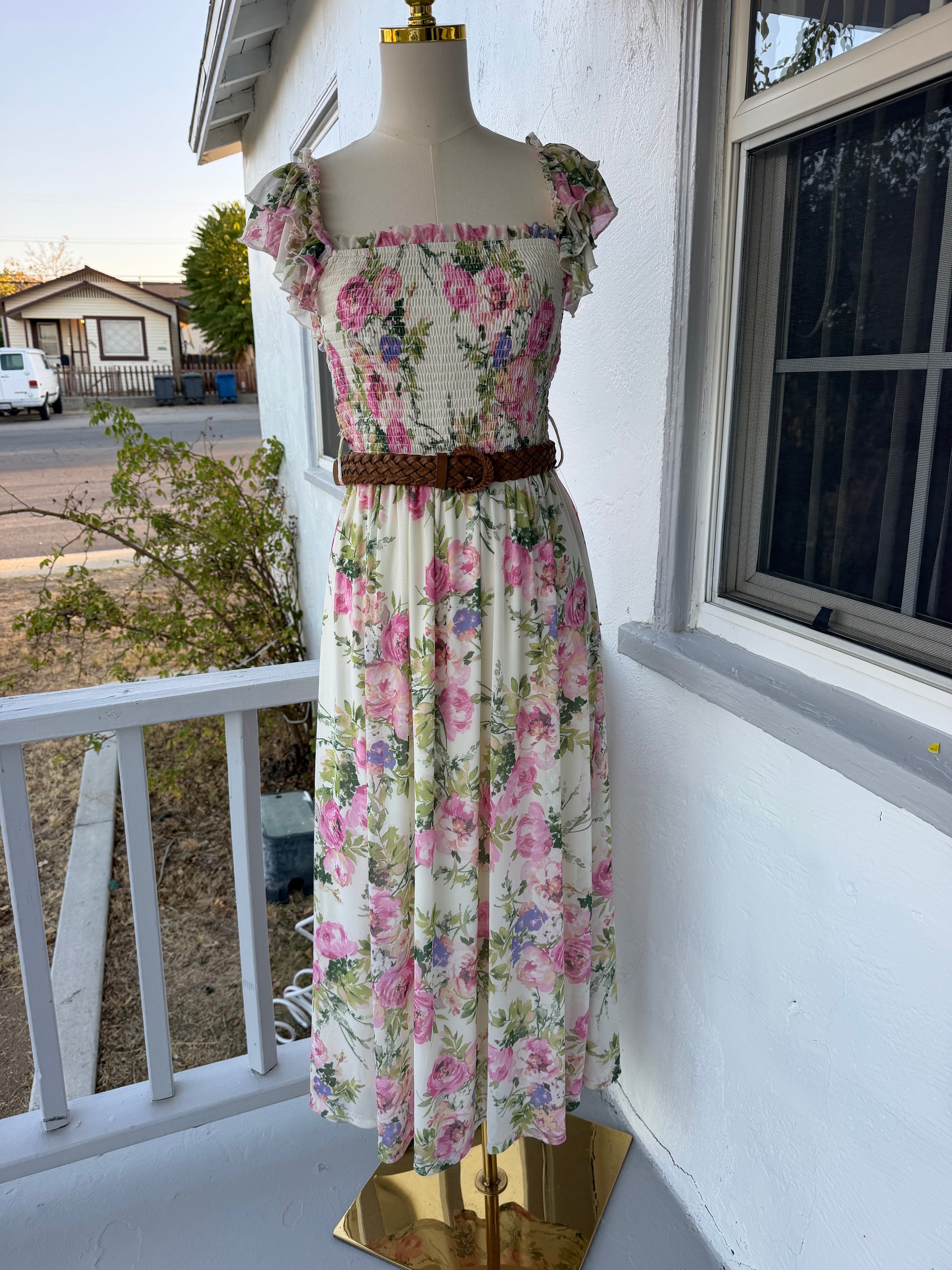 Pink Floral Midi Dress – Smocked Bodice, Belt Included, Fully Lined | Lindasboutique