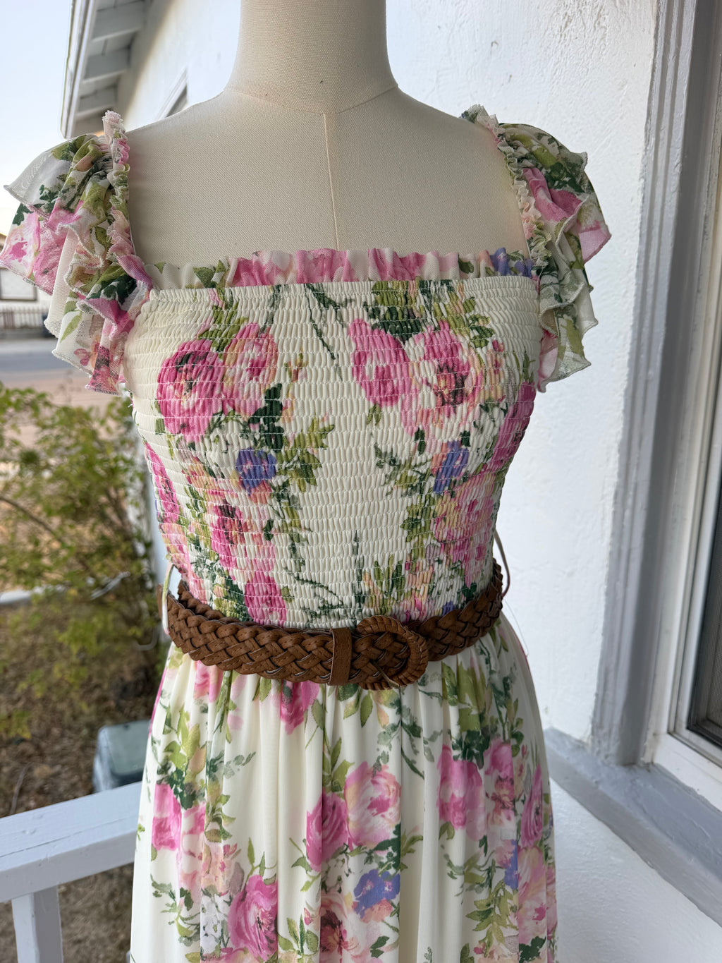 Pink Floral Midi Dress – Smocked Bodice, Belt Included, Fully Lined | Lindasboutique