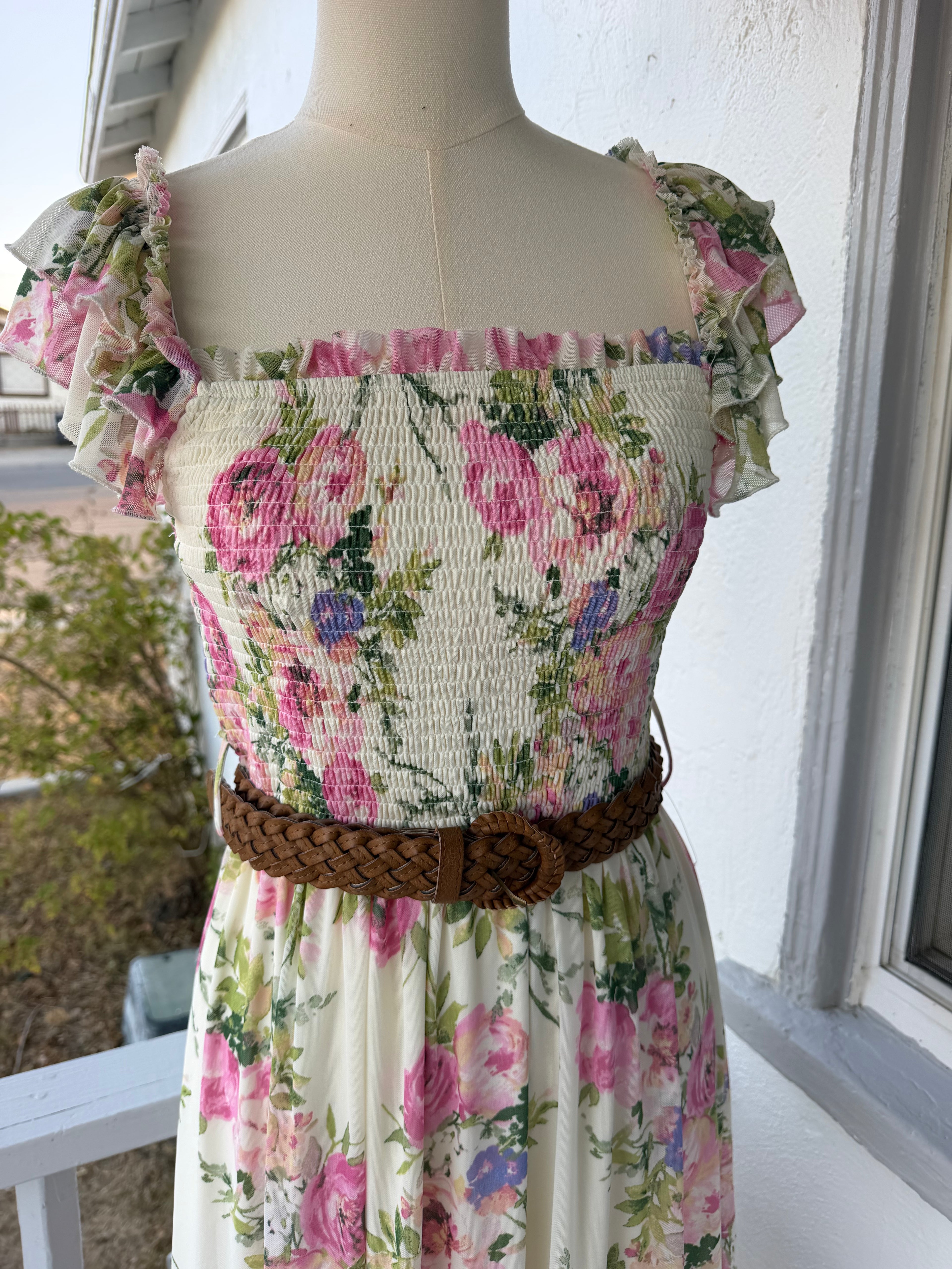Pink Floral Midi Dress – Smocked Bodice, Belt Included, Fully Lined | Lindasboutique