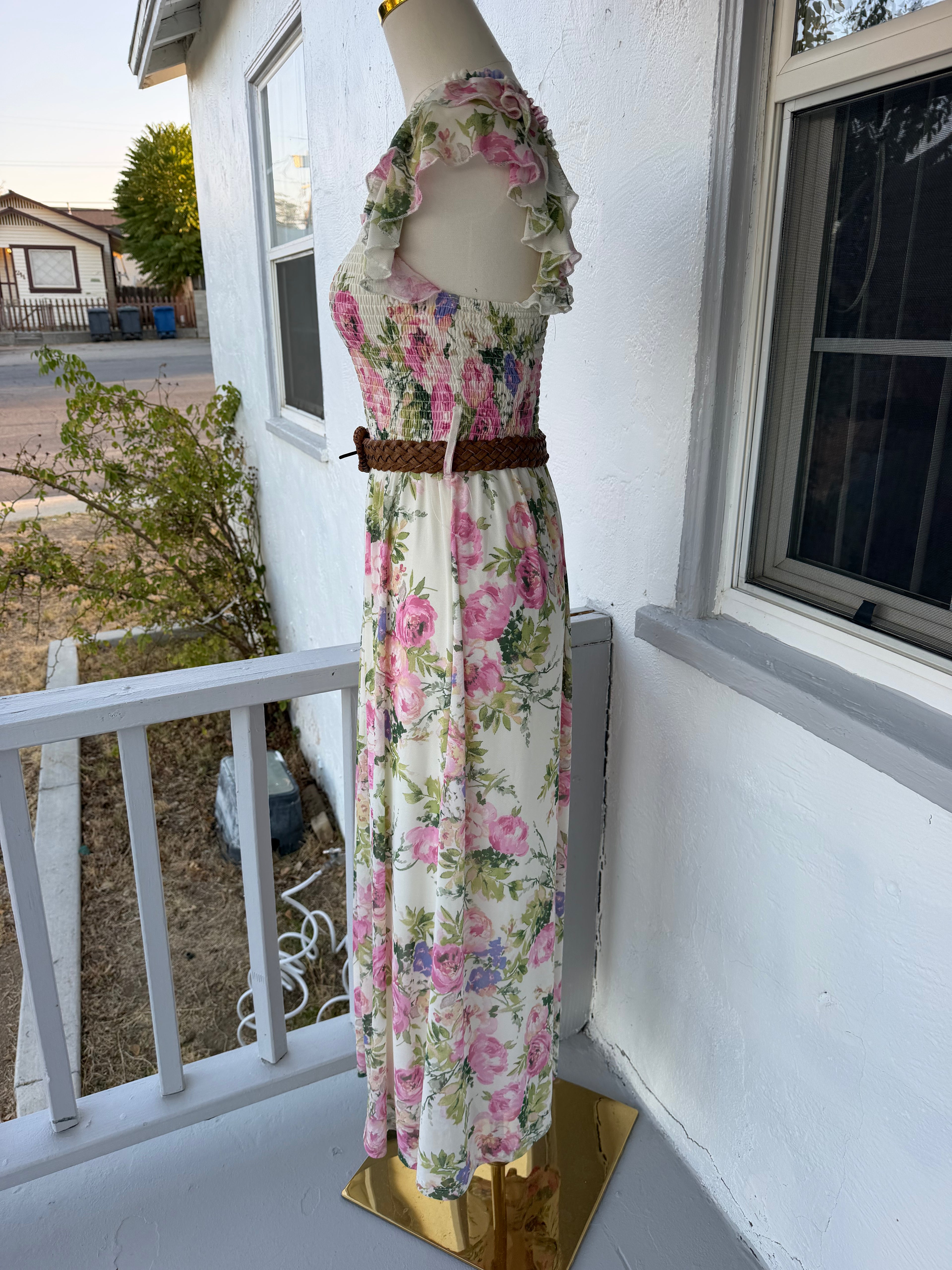 Pink Floral Midi Dress – Smocked Bodice, Belt Included, Fully Lined | Lindasboutique