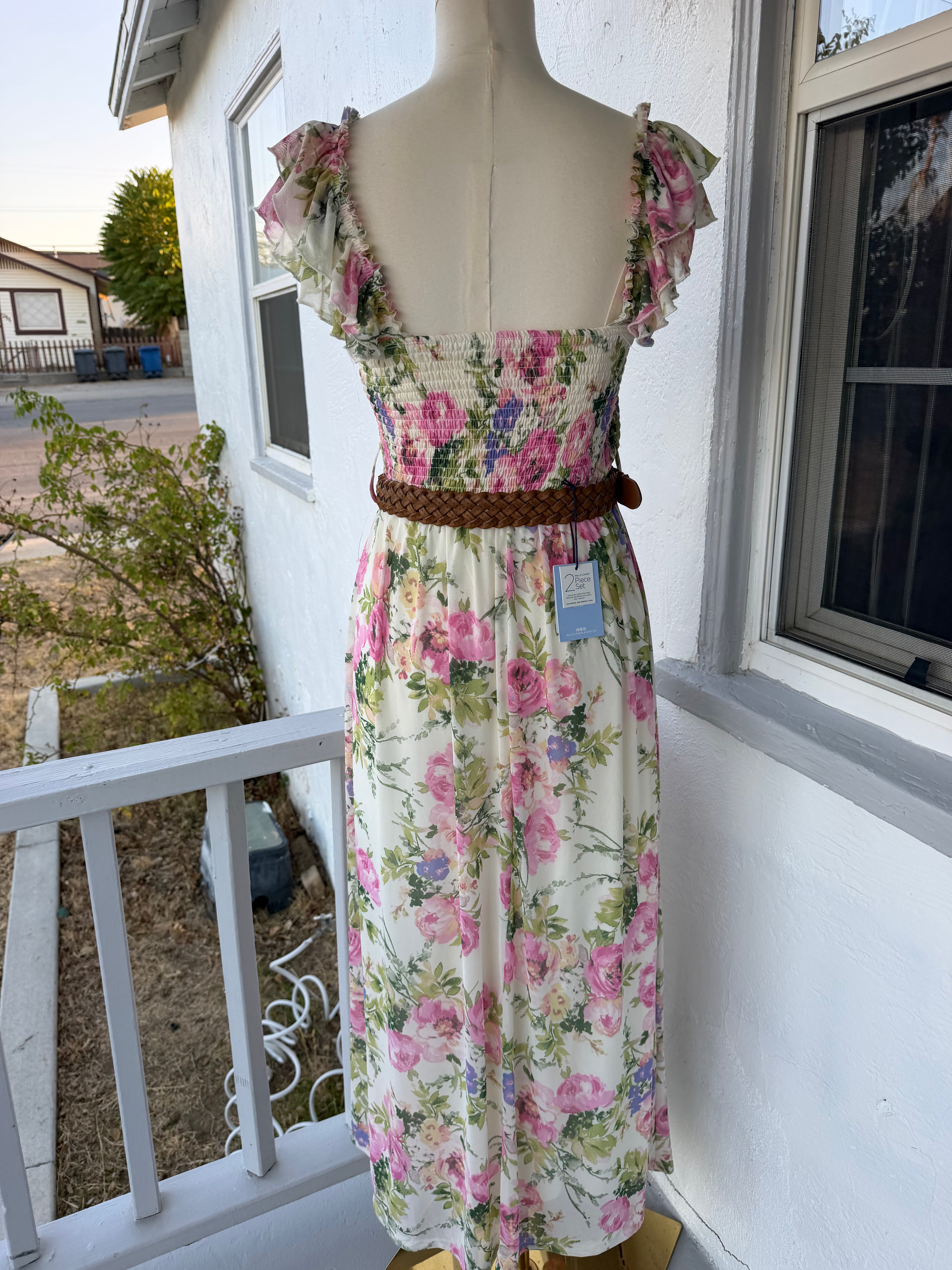 Pink Floral Midi Dress – Smocked Bodice, Belt Included, Fully Lined | Lindasboutique