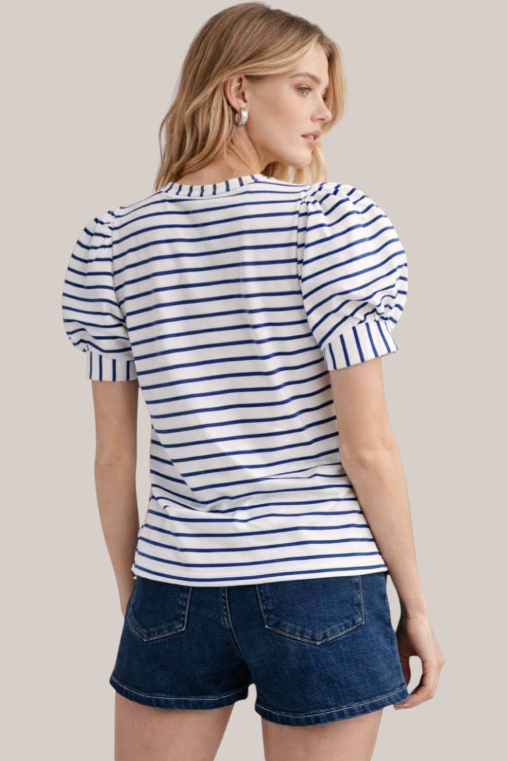 Navy Stripe Puff Sleeve Cotton Knit Blouse