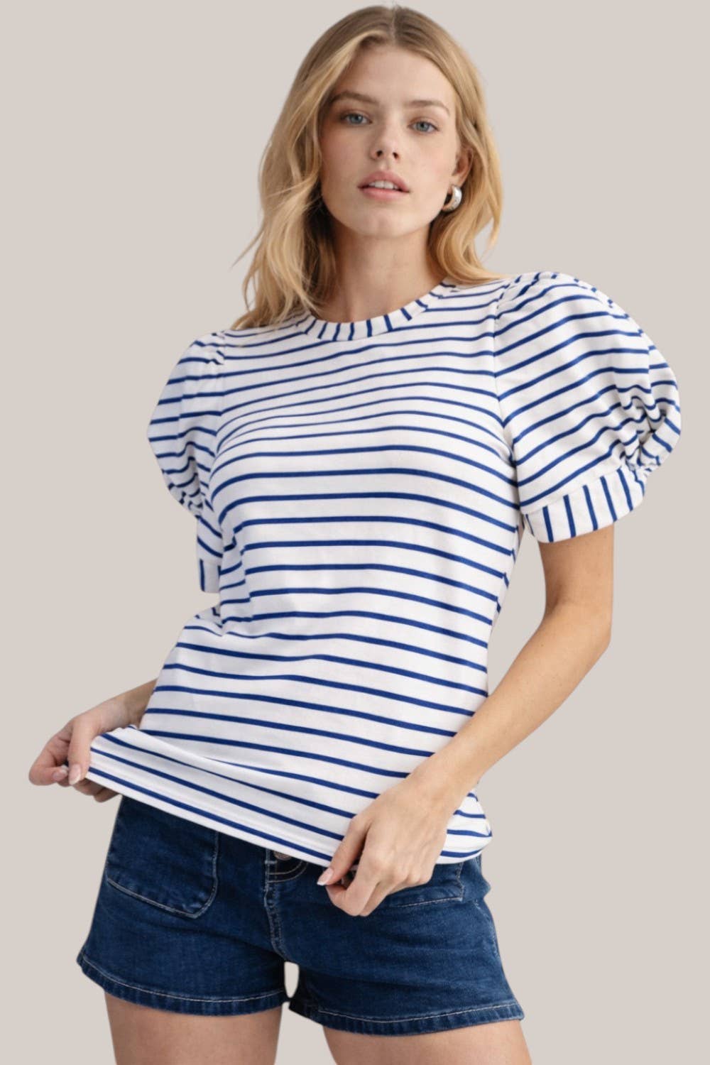 Navy Stripe Puff Sleeve Cotton Knit Blouse